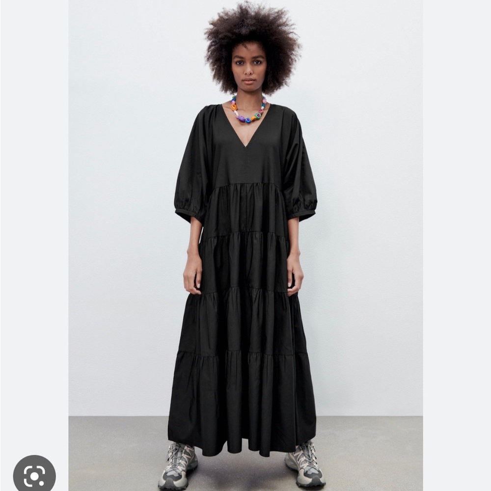 NWT Zara Black Poplin Tiered Dress